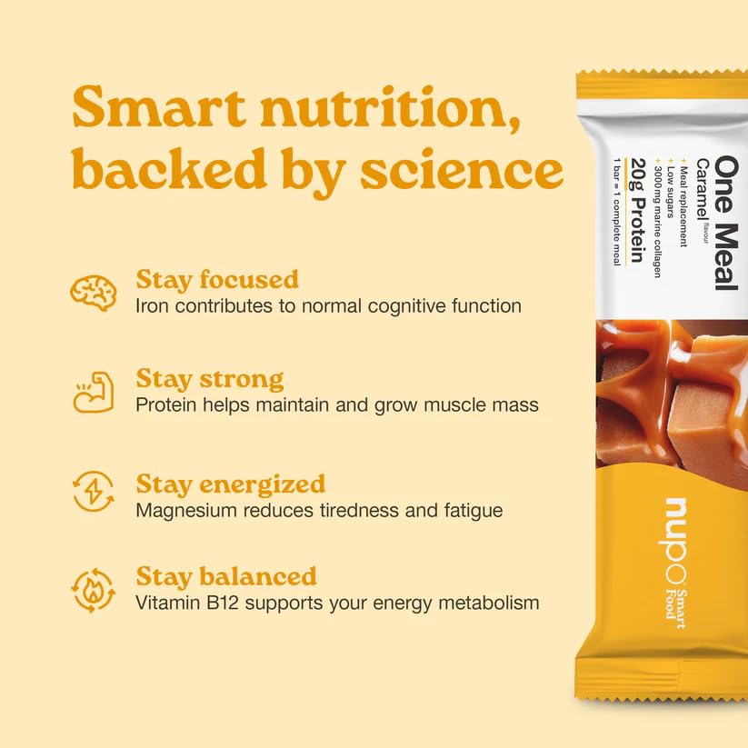 NUPO One Meal Bar – Caramel (15 x 60g) | Leckerer High Protein Mahlzeitenersatz Riegel zum Abnehmen | Low Sugar | Mit 3000 mg Kollagen | Kalorienarme Snacks mit Vitaminen & Mineralien