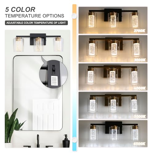 Image of 3-Light Black Bathroom Light Fixture, Dimmable 5CCT Black and Gold Bathroom Vanity Lights, 2700K to 6500K Modern Crystal Bubble LED Wall Sconce Over Mirror with Clear Glass