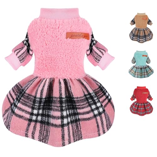 Dog Sweater Dress Plaid Fleece Dog Sweaters for Small Dogs Girl Female Warm Winter Clothes Girl XXS Outfit Apparel Clothes (Pink, XS for 3.5-5.5lb)