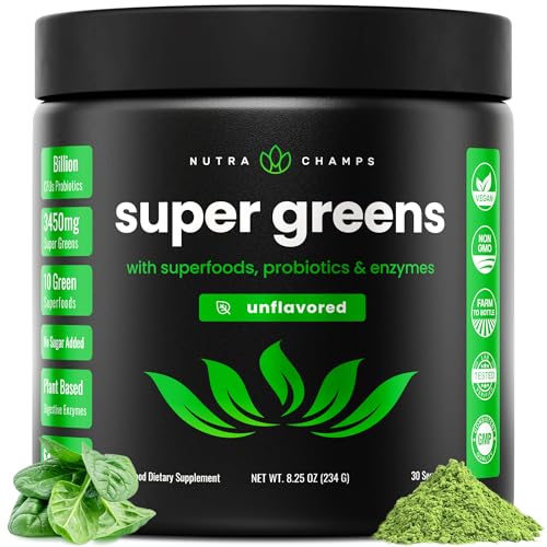 NutraChamps Super Greens Powder Premium Superfood | 20+ Organic Green Veggie Whole Foods | Wheat Grass Spirulina Chlorella | Antioxidant Digestive Enzyme & Probiotic Blends (9.0 Oz Unflavored)