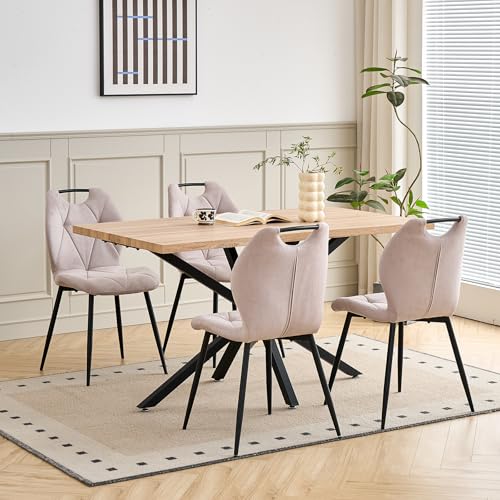 GrandCA HOME Juego de Mesa y Sillas de Comedor de 5 Piezas, Mesa Cuadrada de 140 cm, 4 Silla de Comedor Tapizada en Lino, Adecuado para Cocinas, Comedores (Madera Clara + Beige)