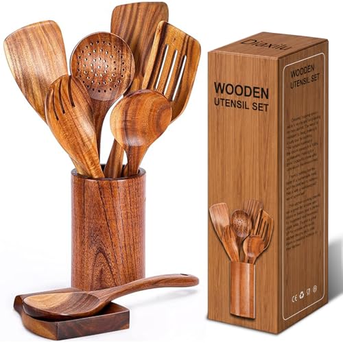 Kochlöffel Set Holz 9 Stück Holz Kochbesteck Set mit Halter Pfannenwender Kochlöffel Schöpfkelle Nudelheber Servierlöffel Sieb Holzkochlöffel 100% aus Natürlichem Teakholz - Küchenhelfer Set