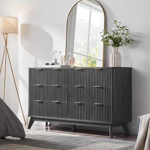 Image of T4TREAM Fluted 6 Drawers Dresser, 54 inch Wide Modern Chest of Drawers, Curved Profile Design, Dresser TV Stand, Wood Drawer Organizer for Bedroom, Living Room, Hallway, Dark Alder