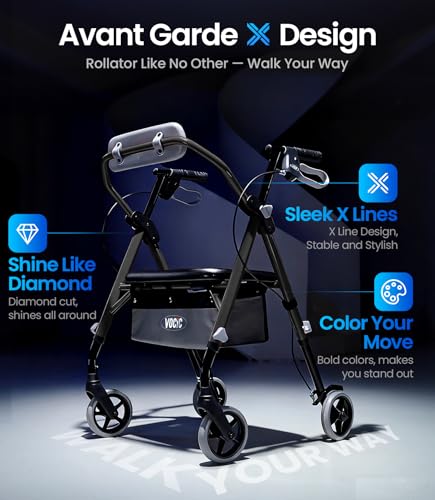 Image of VOCIC Z11 Rollator Walker for Seniors with Seat, 380 LBS | Lightweight Design with Ergo Seat & Backrest, Height Adjustable & Easily Foldable for Seniors' Mobility, Blue