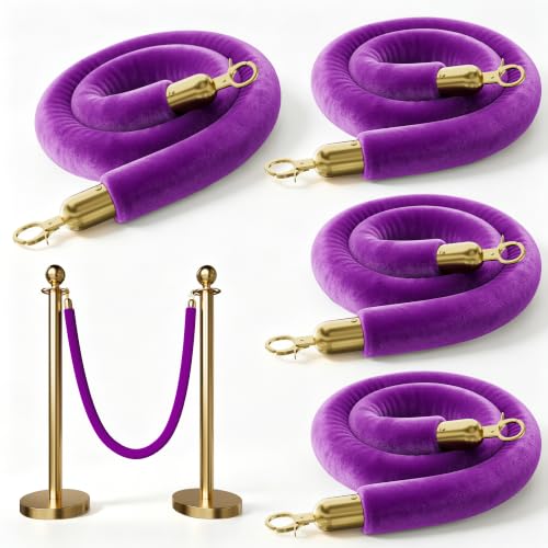 Image of 4PCS Violet Velvet Stanchion Ropes 5 Ft Crowd Control Ropes Barrier with Gold Hooks for Party Supplies,Photobooth Accessories, Prom,Birthday,Business,Wedding, Museums(Purple)