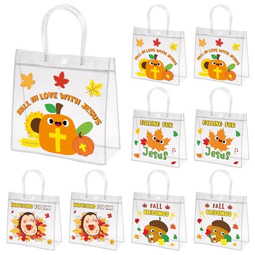 H1vojoxo Fall Blessings Gift Bags - 24PCS Religious Fall Clear PVC Gift Bags with Handle Reusable Christian Autumn Goodie Candy Bag for kids Sunday School Autumn Thanksgiving Party Favor Tote Bag