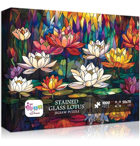 Image of iDream 1000 Pieces Jigsaw Puzzle - Artistic 3D Design, Colorful Wall Decor, Challenging Puzzle Gift for Friends & Family (Stained Glass - Lotus)