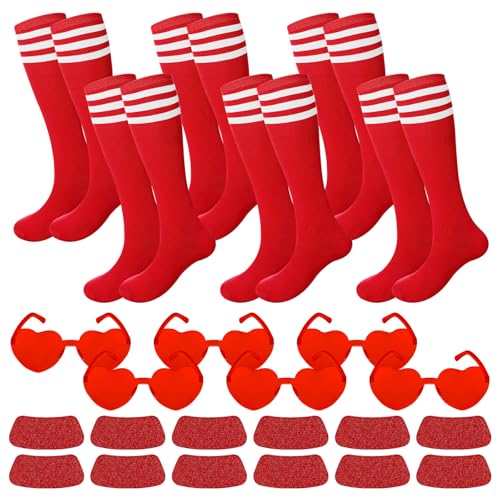 Tarpop 18 Pcs 18 Pcs Knee High Socks Heart Sunglasses Glitter Eye Black Stickers for Adult Sports Team Spirit Accessories (Red)