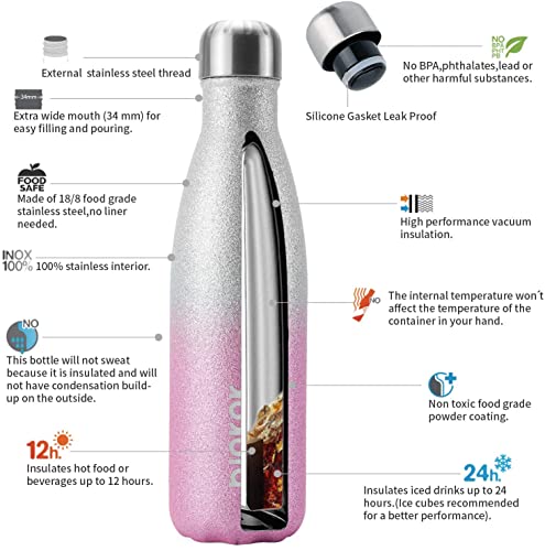 Image of BJPKPK 17oz Insulated Water Bottles Stainless Steel,Sports Water Bottles Keep Cold for 24 Hours and Hot for 12 Hours,BPA Free,Glitter Silver Pink