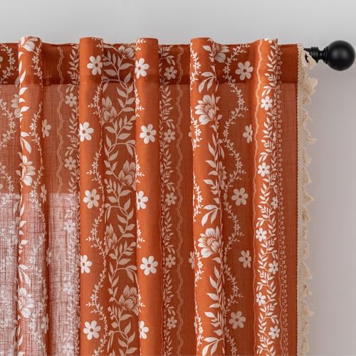 Image of MYSKY HOME Terracotta Boho Floral Linen Curtains 63 Inch Long for Bedroom | Burnt Orange Vintage Farmhouse Curtains for Dining Room Light Filtering Drapes with Tassels Back Tab, 50 inch Wide, 2 Panels