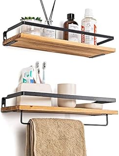 Ysislybin 2Pcs Mensola da parete in legno stile industrial rustico, con porta asciugamani, per cucina, soggiorno, bagno, mensola sospesa per foto e libri, 42 x 14,8 cm