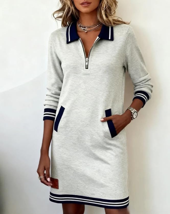 Womens Casual Half Zip Color Block Polo Lapel Sweatshirt Dress Loose Long Sleeve Tunic Aline Midi Dresses with Pockets - Image 3