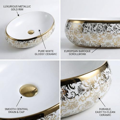 Image of InArt Designer Ceramic finish Wash Basin /Vessel Sink /Over or Above Counter Top Wash Basin for Bathroom Oval Shape, Golden (White, 24 x 16 x 6 Inch)