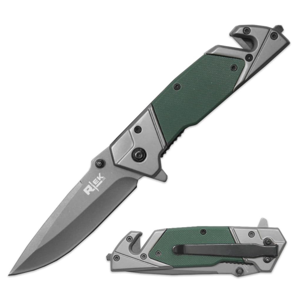 Rtek 4.75" G10 Handle Tactical Folding Pocket Knife with Liner Lock, Pocketclip, Glass Breaker, Seatbelt Cutter (Green)