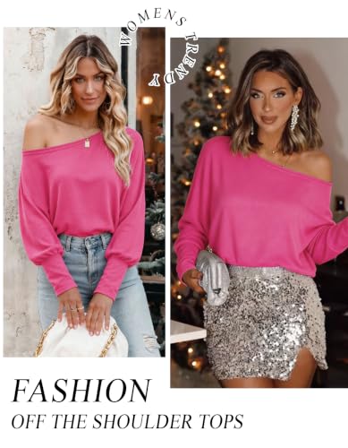 Image of Aifer Women's Off The Shoulder Tops Sexy Long Sleeve Shirts Oversized Fashion Casual Batwing Sweaters Pullover Tunic Tops