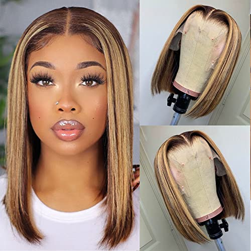 Ombre Highlighted Bob Straight Lace Front Wigs Human Hair for Black Women 13x4x1 T Part Honey Blonde Short Transparent Brazilian Lace Frontal Wigs 10 Inch