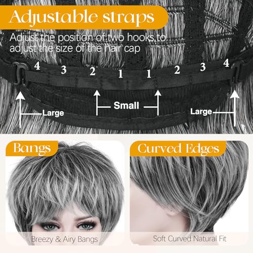 Sofeiyan Krótka peruka Pixie Cut, odporna na wysokie temperatury i naturalna damska peruka z grzywką, 23 cm, szara, wielowarstwowa peruka ze sztucznych włosów, odpowiednia do noszenia na co dzień i na