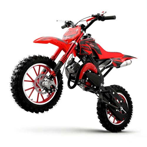 Image of 50cc Dirt Bike, 2 Stroke Gas Mini Bike for Kids 8-14 with Front Rear Disc Brakes, 10 Inch Off-Road Tires, Shock Absorption, Seat Height 23.6in, Max Speed 40mph, 2026 Upgraded,Classic Red