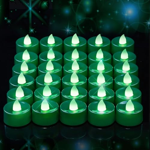 Image of Amagic 30 Pcs Green Flickering Flameless Tea Lights Battery Operated, 200+ Hours Long Lasting Colored Candles for Party, St. Patrick, Table Centerpiece, Home Decor, Mardi Gras, Halloween, Christmas