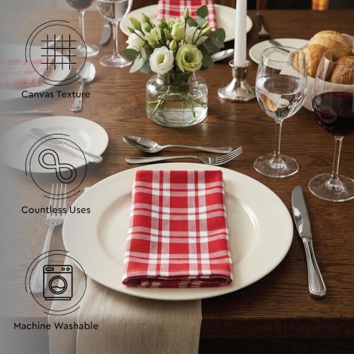 Image of Encasa XO Dining Table Napkins Set of 12, 45x45 cm | Machine Washable Reusable, Recycled Cotton Cloth Napkin, Soft & Absorbent, Table Decor for Hotels, Farmhouse - White & Franca Red Checks