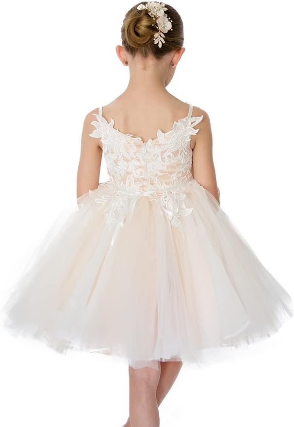 Miama Ivory Lace Flower Girl Dress - Cap Sleeves, Navy Blue Belt, Knee Length - View #8