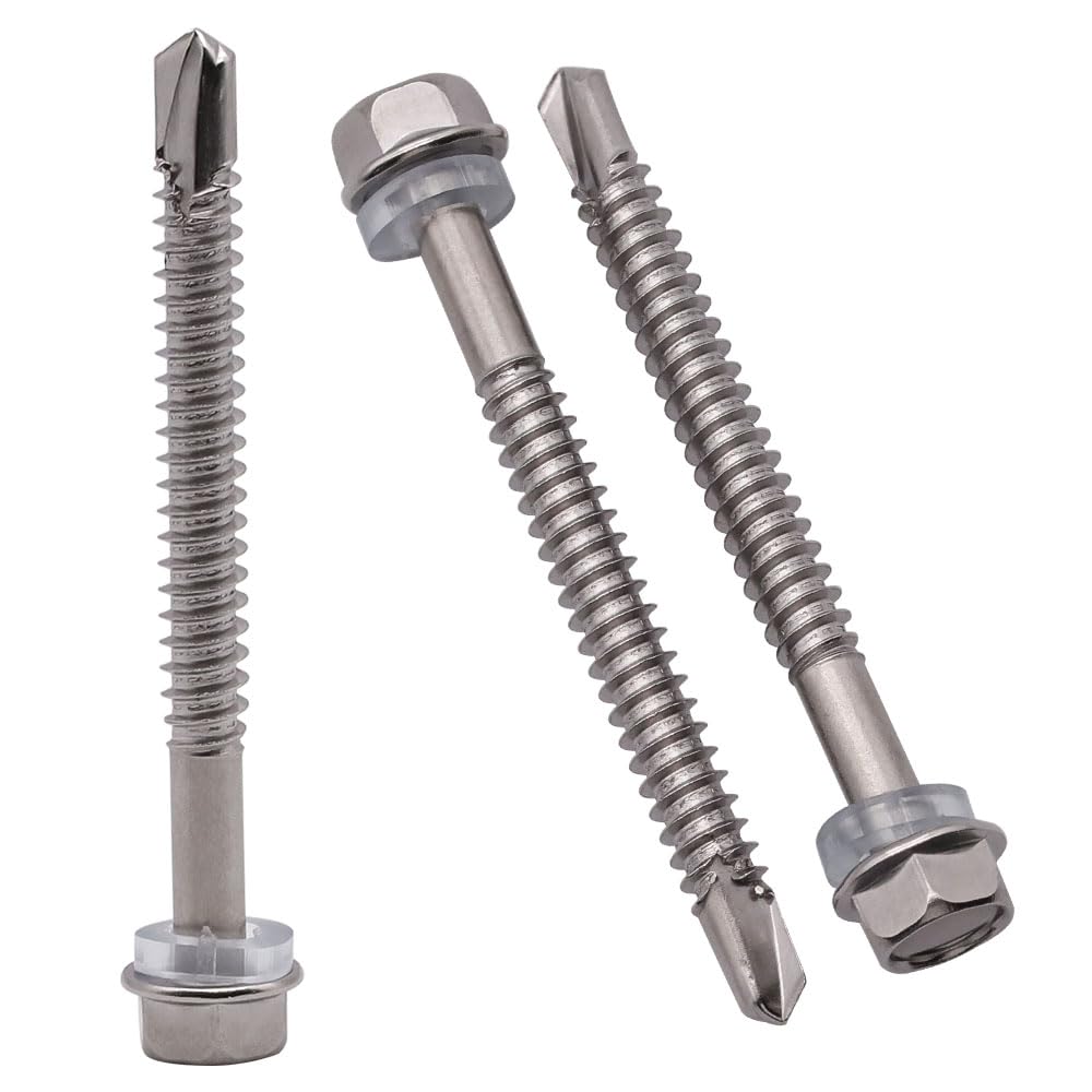 #14 x 4 (25 Pack) Hex Washer Head Self Drilling Screws (3/4" to 7" Available), 410 Stainless Steel Self Tapping Sheet Metal Screws, No Pre-drilled Needs