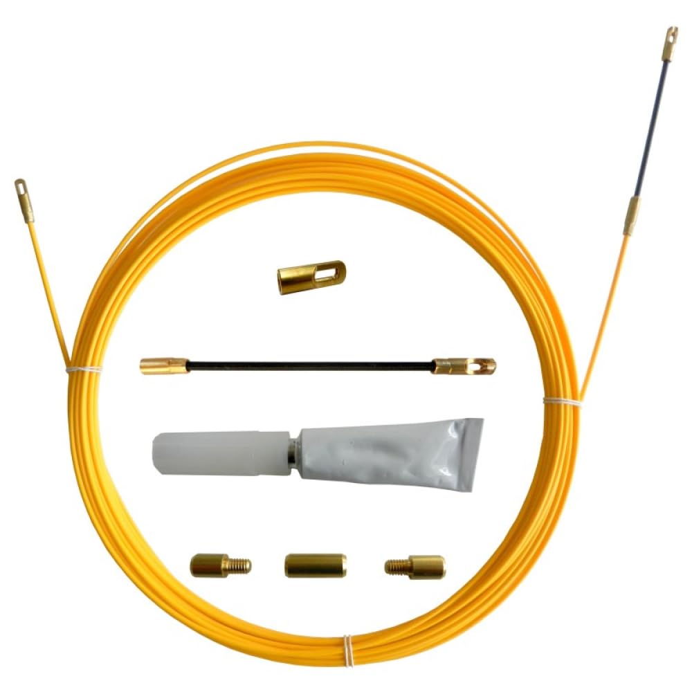 Sonda tiracavi in fibra di vetro, lunghezza 20 metri, diametro 3mm, con set di riparazione e accessori inclusi, terminali, occhielli, giunto snodato, colore giallo, professionale, cavi elettrici