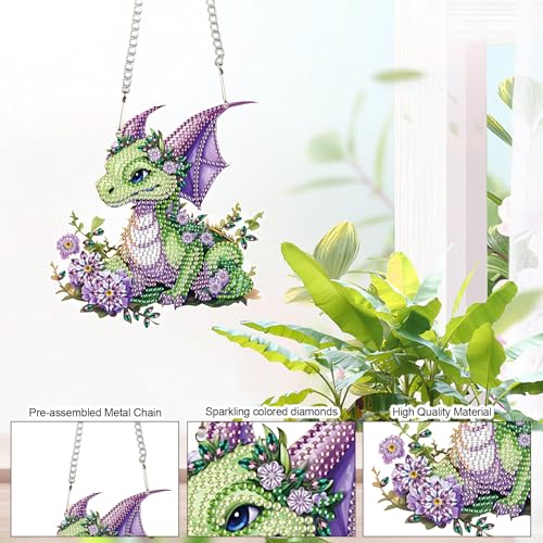 Image of AiYuanzsh Green Dragon Diamond Painting Hanging Pendant Kit Animal Special Shaped Diamond Art Acrylic Ornaments Diamond Dots Pendant for Adults Home Wall Window Decor Gift