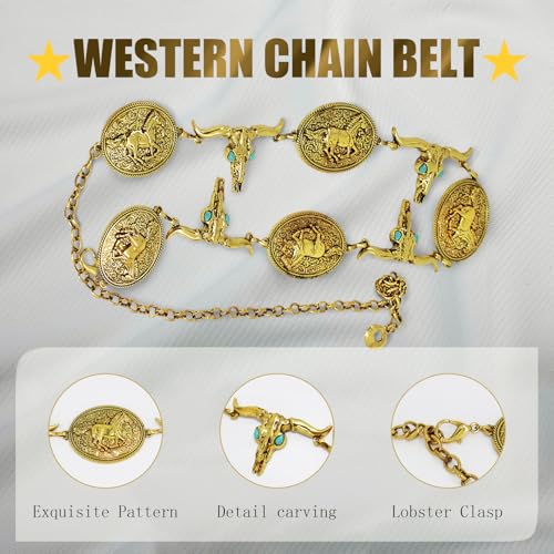 1 Pcs Western Metal Concho Belt For Women,Vintage Golden Western Belts for Woman Chain Dresses Accessories,Country Belts,Concert Womens Waist Dresses Accessories,Western Belts Chain3