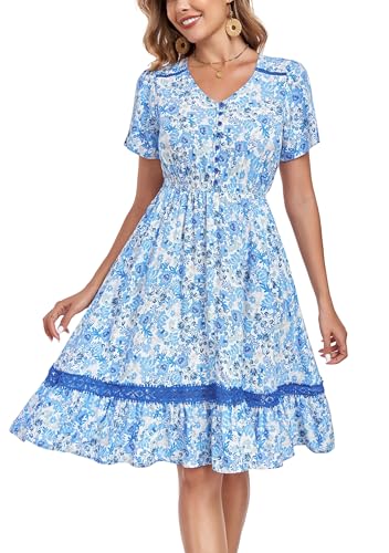 Image of Women's Floral Dress with Ladder Lace Trim Midi Summer Casual Elegance Dress