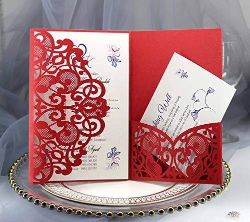 BLUGUL 10pcs Cartes d'invitation de Mariage, Hollow Floral Design, avec 2 Cartes Vierges, Rouge