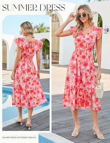 Image of GRACE KARIN 2026 Womens Summer Dresses V Neck Ruffle Sleeve Floral Boho Beach Dress A-Line Swing Midi Wedding Guest Sundress