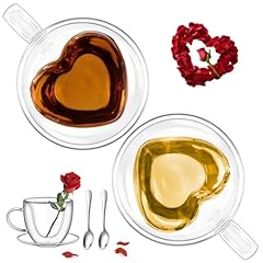 Idea Regalo - glastal 150ml Tazza da Caffè in Doppio Vetro Set di 2 Bicchieri Espresso Doppia Parete con Manico e Cucchiaio per Tè, Latte, Regali di San Valentino Anniversario Compleanno per Genitori Coppie Lei