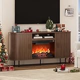 63' Fluted Fireplace TV Stand 23' Electric Fireplace, Modern Entertainment Center with Power Outlet for TVs up to 70', TV Console with Storage, Sliding Door, Adjustable Shelves for Living Room, Walnut