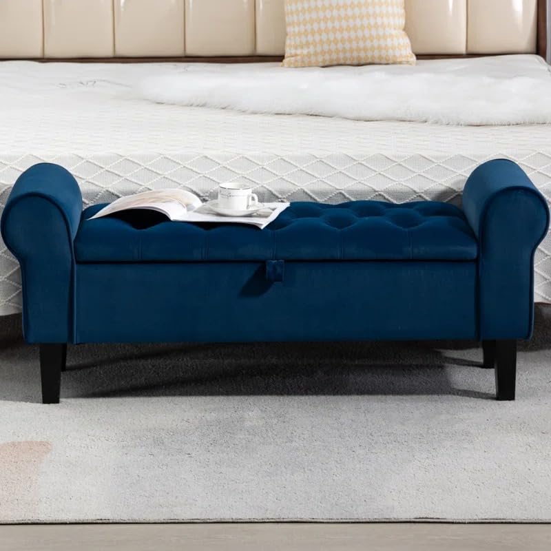Image of Rolled Arm Storage Ottoman Bench | Tufted Velvet Sofa Bench with Hidden Storage | 2 Seater Bedroom Living Room Window Seating | Upholstered Lounge Bench Footrest End of Bed Seat | Blue