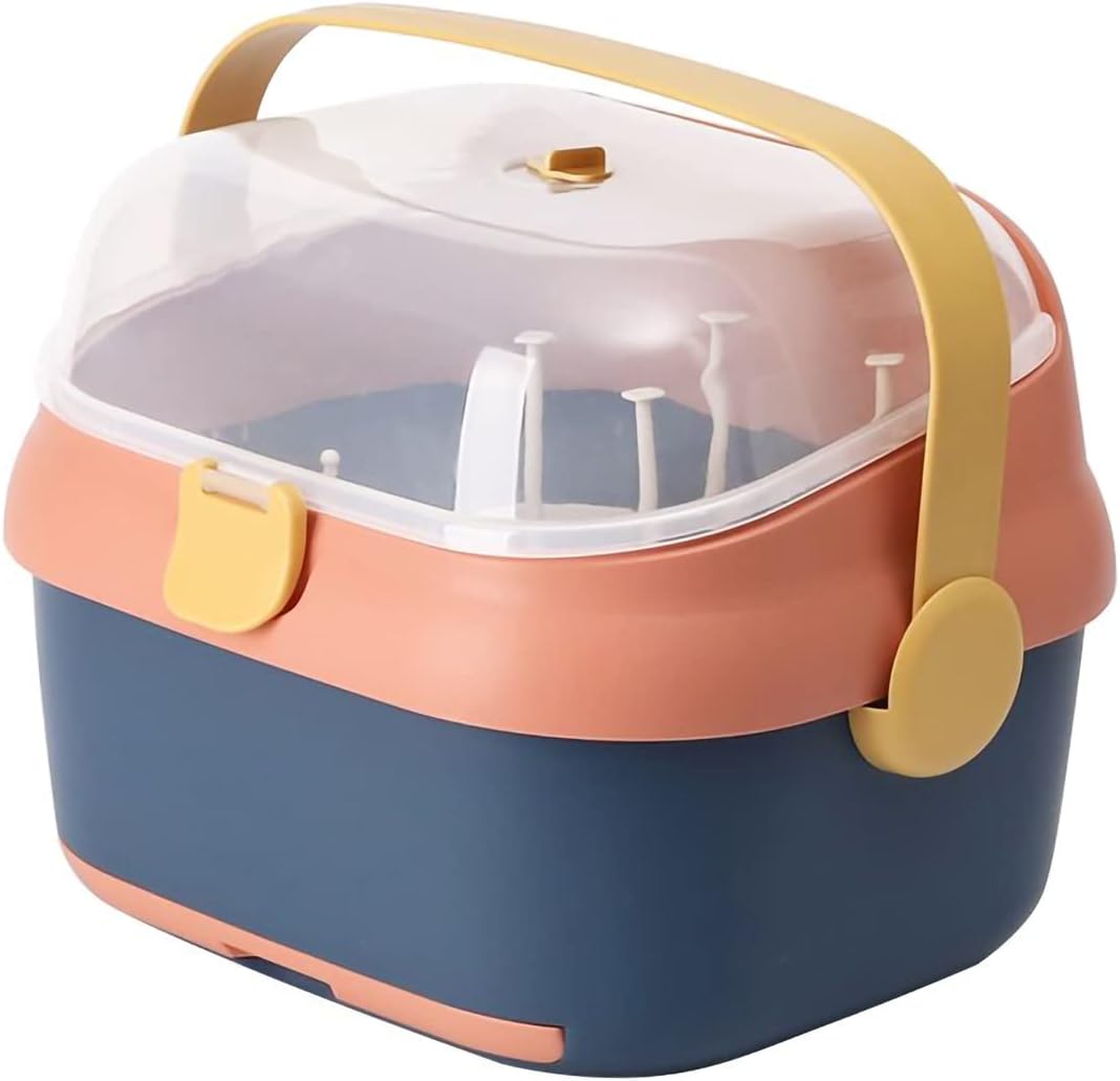 Baby Bottle Drying Rack Container with Drainer, Portable Nursing Cutlery Box Container with Cover, Bottle Holder for Baby and Toddler, Portable Kitchen Cabinet Organizer, Easy to Clean Drainer (Pink)