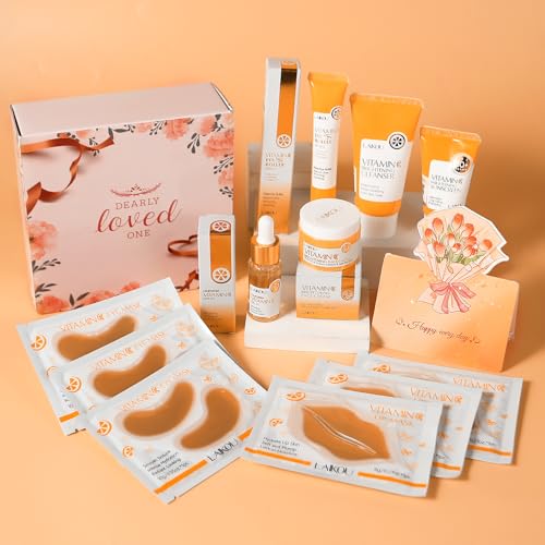LAIKOU Skin Care - Kit completo de vitamina C para el cuidado de la piel, 12 piezas, con crema de suero para los ojos, limpiador facial, labios, máscara de ojos, protección solar, para mujeres y