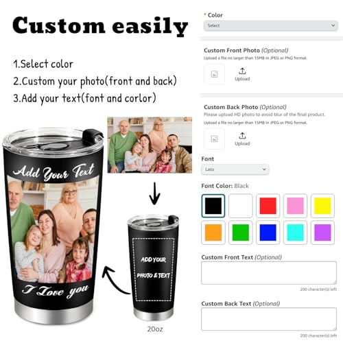 Image of Personalized 20oz Tumbler with Pictures, Custom Insulated Tumblers with Logo, Stainless Steel Travel Coffee Mug, Personalized Gifts for Women Men Birthday Fathers Day Mothers Day