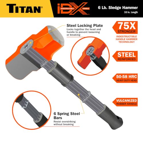Image of Titan iDX 63616 6lb Sledge Hammer with 16 inch Indestructible Handle Reinforced with Steel Locking Plates & Steel Bars, Vulcanized Rubber Grip, Overstrike Protection