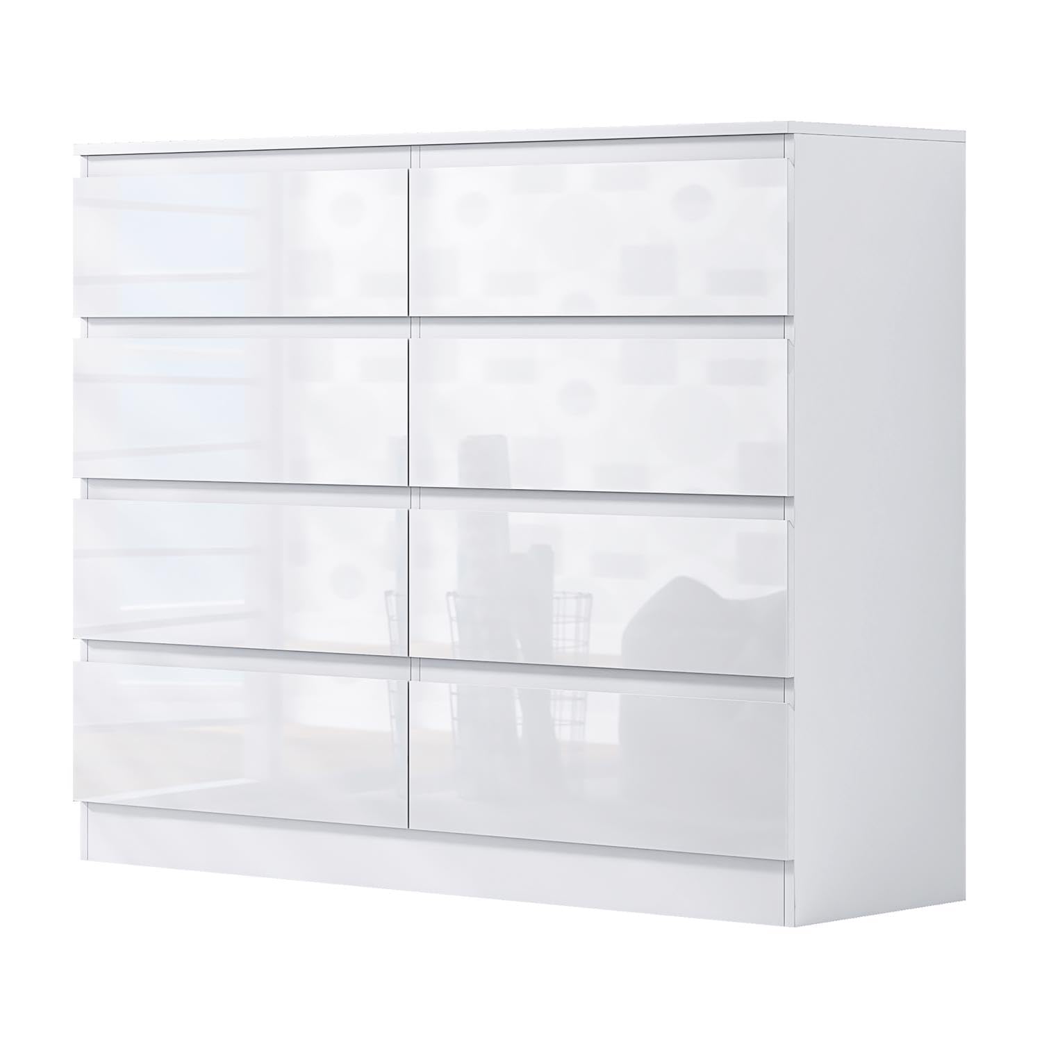 FWStyle White Gloss Large 8 Drawer Chest of Drawers. White Bedroom Furniture. Under drawer support bars. Scratch resistant.
