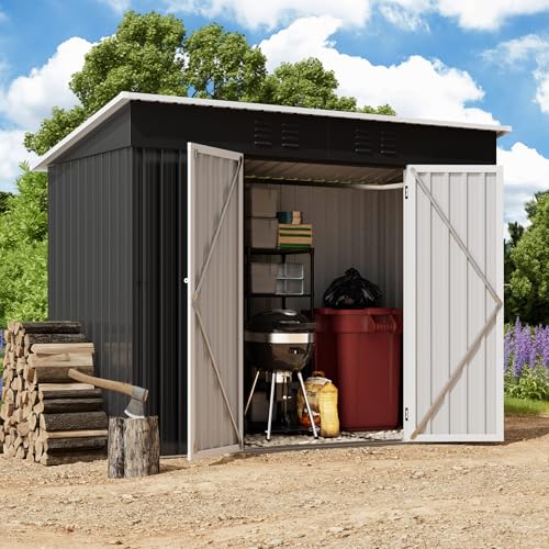Amopatio Metal Garden Storage Shed 8x4 ft, Outdoor Tool Storage Shed 228x109x182 cm, BikeShed Waterproof with Lockable Door for Backyard, Patio, Garbage Bin, Tools, Black