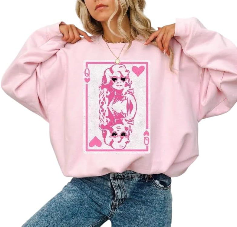 Queen of Hearts Valentine Sweatshirt – Retro Pink for Women - Funny Dolly Graphic – Gift for Her