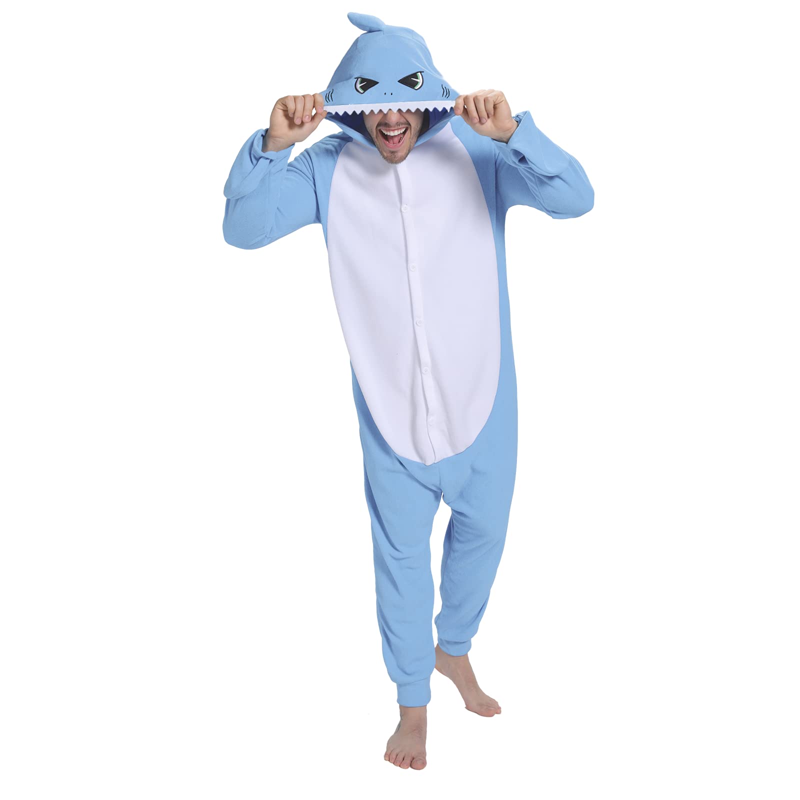 Focupaja Shark Pajamas Adult Animal Cosplay Costume Shark One Piece Cartoon Homewear Sleepwear Shark Onesie for Women Men
