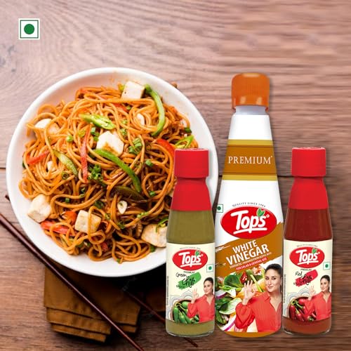 Image of TOPS Red Chilli Sauce 200 gm + Green Chilli Sauce 200 gm + Vinegar White - 610 ml (Combo Pack of 3)