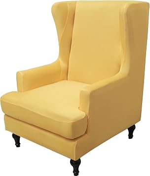 Konsilsa Stretch Wingback Chair Slipcover, 2-Piece Spandex High Back Chair Cover Armchair Cover Furniture Protector with Elastic Bottom for Living Room Color Yellow