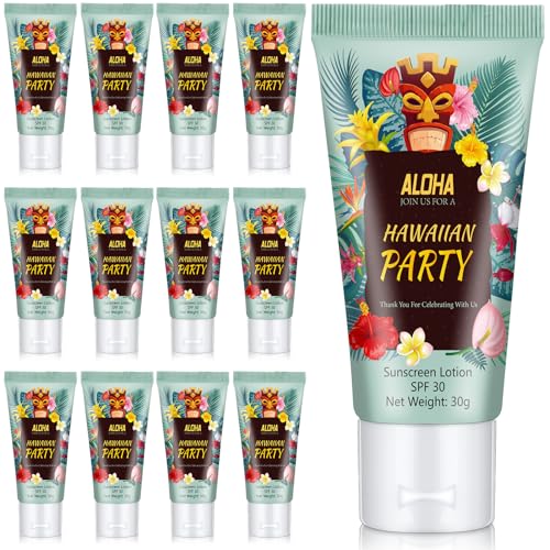 Image of 12 Pcs Mini Sunscreen Bulk for Summer Party Wedding SPF 30 Water Resistant Sunscreen Lotion Bulk 1oz Travel Size for Thank You Gifts Wedding Supplies (Hawaiian Party)