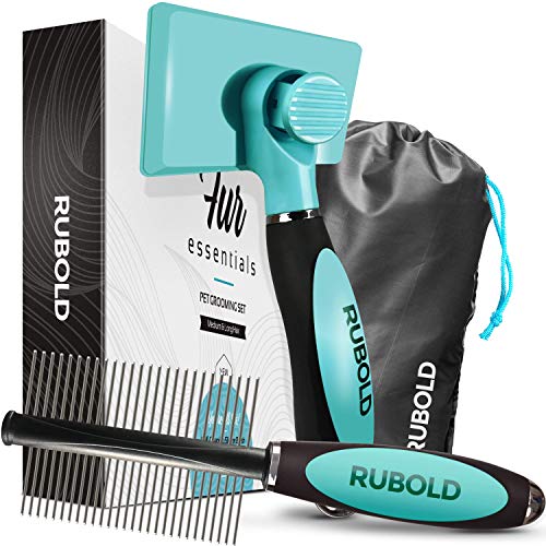 RUBOLD Dog Grooming Kit - Slicker Brush for Dogs with Fur Ejector - Greyhound Dog Comb - with Bonus Carrying Case - Brushes for Shedding - Suitable for Any Medium or Long Hair Pet or Cat