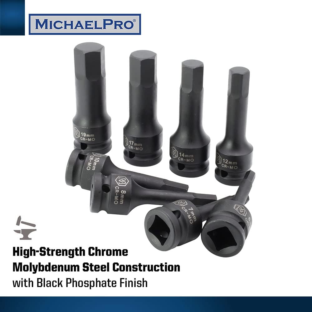 MichaelPro MP005027 8Pc 1/2” Drive Hex Bit Socket Set, 6 to 19mm, Impact Metric Socket, CR-Mo | Sturdy Storage Case Included