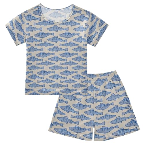 Blue Simple Fish Pattern Summer Cute Pajama Sets, Short Sets for Daily Wears and Sleep Wears