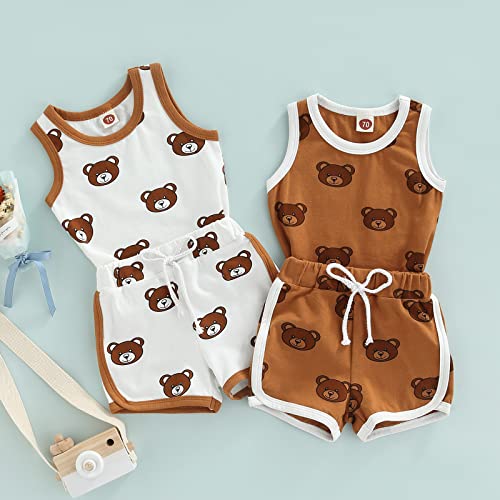 Lagkiyoj 2Pcs Baby Girls Boys Summer Fall Outfits Animal Long Sleeve Tops/Vest Shirt Sweatshirt+Pants/Shorts Clothing (Vest+Shorts Brown, 12-18 Months) #TOP6